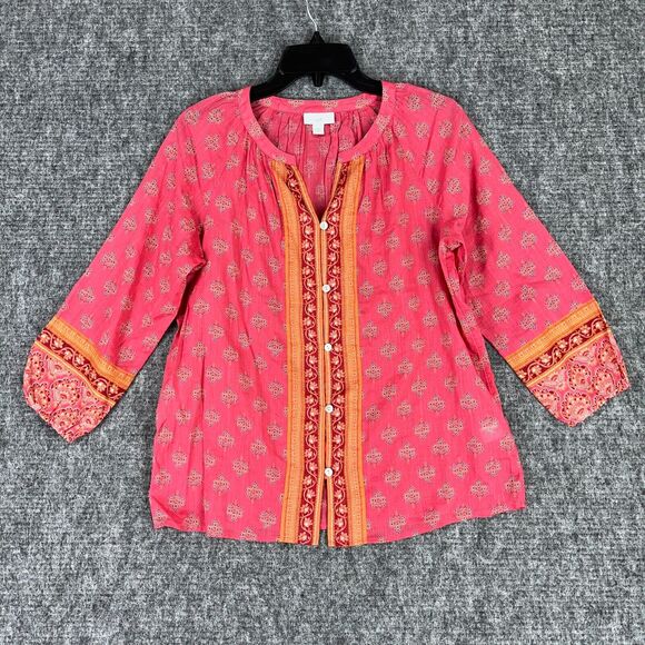 J.Jill Shirt Womens Extra Small Red Pearl Festival Boho Cottage Peasant Blouse - Picture 1 of 10